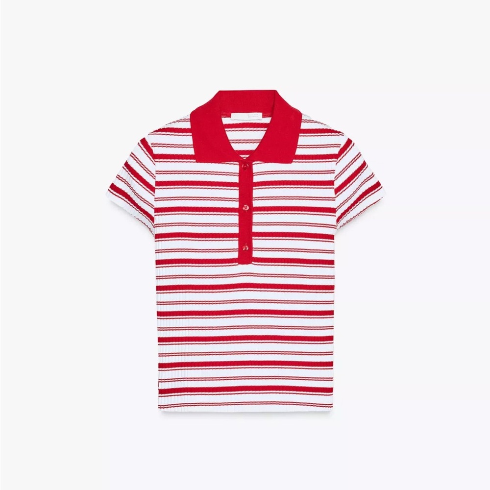 Zara Red and White Striped Short Sleeve Polo
